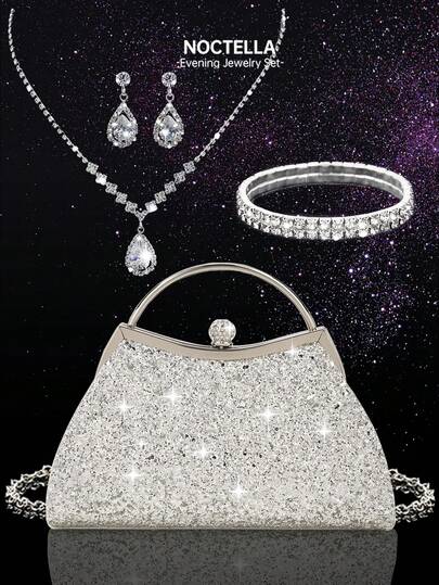 Noctella 四件套女士首饰套装，包括水钻耳环、项链、手链和吊坠；闪亮亮片女士晚宴包；时尚奢华女士水钻手提包/派对包；适合搭配舞会礼服；是派对、婚礼、舞会、晚宴/宴会的理想之选；女士最佳礼物。
