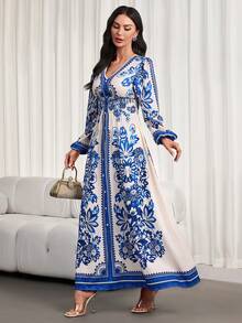 女士新款优雅蓝白提花修身连衣裙 - 迷人V领，泡泡长袖，适合日常穿着、时尚派对、优雅晚宴、婚礼、活动和海滩春季装扮 - 淺藍色 - 查看 3