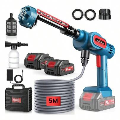 Hidrolavadora Inalámbrica Eléctrica Portátil FAGHTO 1500W 3000PSI 20.68 MPa 206.8Bar 18L/min Alta Presión Con 2 X 21V 13000mAH Baterías Pistola Para Lavado Autos Portatil Pistola Para Hidrolavadora