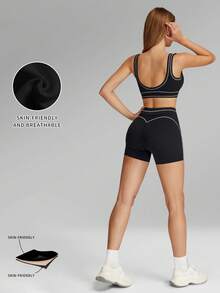 MFVIM 春夏运动文胸短裤套装，女士休闲运动服，撞色设计提腰显瘦，高腰短裤+修身上衣，弹性腰带+可调节肩带，轻盈透气，适合瑜伽、跑步、健身、居家、户外、慢跑、骑行、普拉提、健身房锻炼等。 - 黑色 - 查看 5