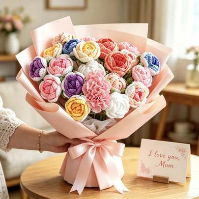 6支手工钩针，适合作为母亲节礼物，搭配色彩缤纷的手工仿真花卉，包括栩栩如生的钩针花、针织仿真花和鲜花。这是母亲节、情人节、生日、婚礼、毕业典礼、教师节和其他节日的完美礼物。也适合餐厅、卧室等家居装饰，同时也是节日礼物和圣诞派对装饰的理想之选。