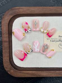 10片装Y2K风格管道形美甲贴片套装 - 手工制作，粉色美甲，粉色法式美甲，手绘豹纹和斑马纹设计，粉色小花元素设计，闪亮金色星星和银色十字架装饰 - 彩色 - 查看 12
