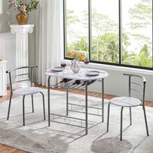 3 Piece Modern Dining Table Set, Kitchen Table And Chairs Set 2, Space Saving Table Set, Breakfast Nook Table Set With Steel And Storage Rack Kitchen/Small Space - White - View 2