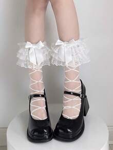 1 đôi tất nữ mùa hè mỏng, chất liệu lưới, kiểu Lolita, có nơ ngọc trai, họa tiết hoa trái tim ren trắng, sọc chéo, dễ thương và ngọt ngào, dài đến bắp chân. - trắng - Xem 5