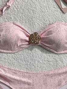 Bộ bikini nữ mùa hè đi biển, họa tiết hoa ánh kim, xếp ly ở phần ngực. - Hồng - Xem 4