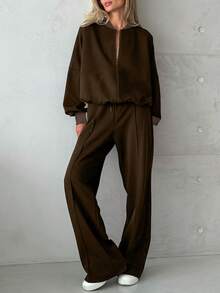 Bộ áo nỉ cổ đứng gân sọc dành cho nữ, kiểu dáng rộng rãi thoải mái và tiện dụng cho mùa xuân. - màu nâu - Xem 2