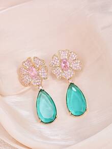 1 Cặp Hoa tai mặt dây chuyền hoa sáng bóng mạ vàng 18k đính đá Cubic Zirconia, trang sức sang trọng cho tiệc tối, ngày lễ tình nhân, mẹ, mẹ, ngày của mẹ, quà tặng - Nhiều màu - Xem 4