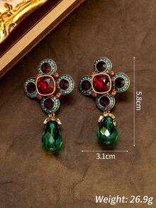 Vintage Victorian Style Cross Flower Gemstone Luxury Earrings, Antique Gold Tone Multi-Color Crystal Teardrop Earrings, Suitable For Formal Occasions Like Gala, Wedding, Ball, Vintage Theme Party, Essential Accessory To Create An Elegant Medieval Ambiance - Multicolor - View 5