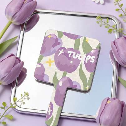 1 chiếc gương trang điểm mini gấp gọn hình hoa tulip màu hồng dễ thương, gương trang điểm cầm tay hai mặt HD, gương bỏ túi nhỏ gọn cho học sinh trang điểm hàng ngày khi di chuyển