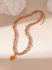 Collier vintage en métal avec fleur tressée, collier pendentif en acier inoxydable de style vacances à la plage personnalisé, accessoires pour femmes - Multicolore - Voir 4