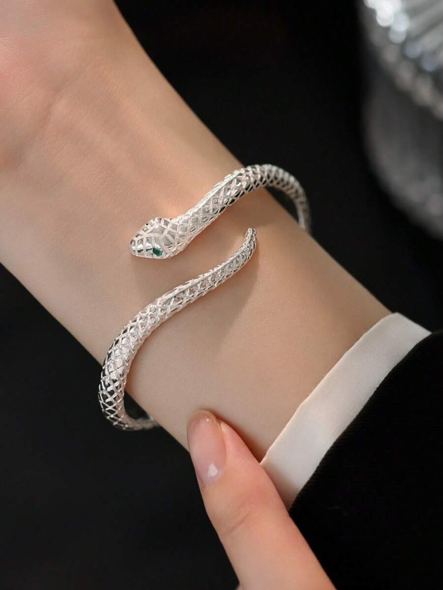 1pc Elegant Snake Bangle Bracelet, Adjustable, Suitable As Birthday Gift For Girlfriend - Silver - View 1