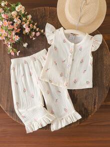 2pcs Baby Girls Floral Print Flutter Sleeve Top And Ruffle Hem Pants Set, Summer - White - View 1