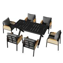 Modern Outdoor Sofa Set, Relaxation And Meeting Set For Several People, Iron Frame, Braided Armrests, Seat Cushions Included. - 黑色+自然木材色 - View 9