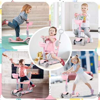 5 In 1 Kids Kick Scooter With Removable Seat And Push Rod, Adjustable Height Toddler Scooter For Girls & Boys 2-8 Years Old, Sit Or Stand Ride With Brake
