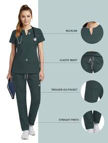 2pcs/Set Women Nurse Uniform Set, Top + Pants With Pockets, Nursing Surgical Room Work Clothes, Beauty Salon Work Wear - Green - View 2