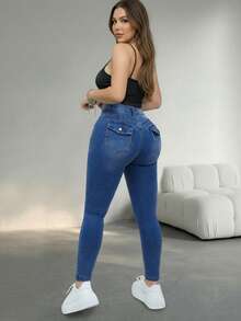 Quần jean nữ dáng ôm, chất liệu denim co giãn vừa phải, dài đến mắt cá chân, có túi cài nút và khóa kéo, thích hợp cho mùa xuân và mùa hè. - Xanh đậm - Xem 4