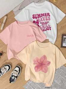 3pcs/Set Summer New Minimalist Fashion Cute Floral Print Round Neck Short Sleeve T-Shirt, Versatile Daily Casual Wear For Women White - 草綠色,海軍藍和杏色 - 查看 12