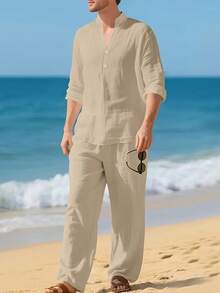 Men's Linen Casual 2 Piece Outfits Long Sleeve Lapel Shirt & Long Pants Set Loose Fit V Neck Tops Breathable Beach Vacation Daily Streetwear Arrival - 卡其色 - 查看 2