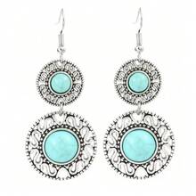 1 Đôi bông tai kiểu dáng hình học, bằng kim loại bạc, đính đá giả ngọc lam, có tua rua. - Hoa tai ngọc lam - Xem 2