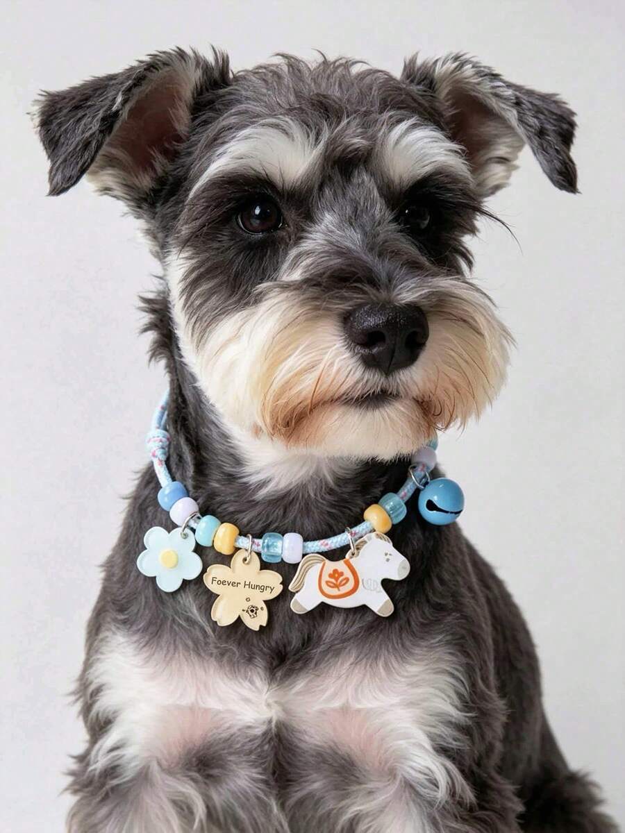 1pc Adjustable Pet Cat/Dog Collar With Interesting Horse, Flower & Letter Charm Pendant, Jingle Bell Decor, Gift - Multicolor - View 1
