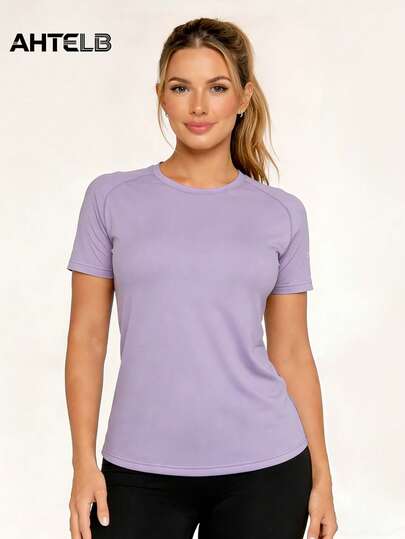 AHTELB Camiseta de mujer de secado rápido con cuello redondo y manga corta, casual y deportiva, transpirable y elástica, cómoda y refrescante, ideal para gimnasio en interiores, correr al aire libre y entrenamiento ligero y transpirable en verano