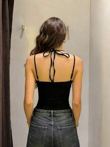 Canotta da donna con spalline sottili e bordo in pizzo nero, per estate, spiaggia e casual - nero - Visualizzare 4