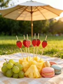 100/50/20pcs Red Strawberry Fruit Bamboo Skewers, Strawberry Bamboo Toothpicks, Cake Decorations, 4.7 Inch Strawberry Theme Birthday Party Long Bamboo Sticks - Appetizer Picks, Fruit Sticks, Cupcake Toppers, Sandwich Clips. Suitable For Home, Wedding, Birthday Party, Father's Day Food And Fruit Decoration, Halloween Picks, Thanksgiving Harvest Festival Cake Picks, Summer Cake Decoration - A - View 7