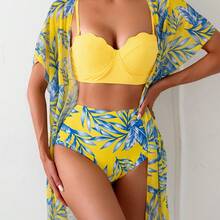 Women's Three-Piece Swimsuit, Slimming High-Waisted Bikini With Maple Leaf Print - Yellow - View 3
