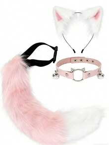 3pcs/Set Faux Fur Cat Ears, Wolf/Fox Tail & Collar Set For Cosplay, With Bells - Red/Black Fluffy Tail, Faux Leather Collar Necklace, Suitable For Roleplay, Theme Parties, Anime/Manga Costumes (Adjustable, Fits Multiple Sizes) - Multicolor - View 11