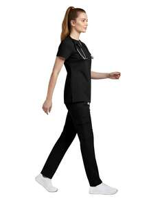 Set de 2 piezas Uniforme de enfermera para mujer, Parte superior + Pantalones con bolsillos, Ropa de trabajo para sala de cirugía, Ropa de trabajo para salón de belleza, Negro primavera - Negro - Ver 7