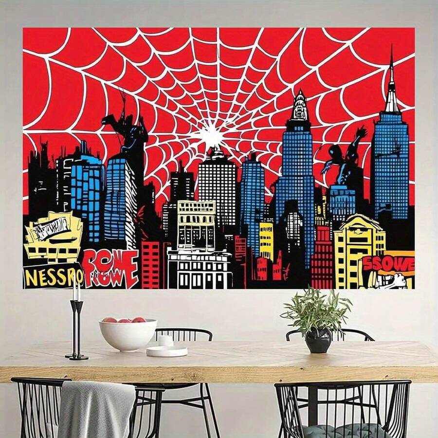 Red Spider Web & Cityscape Photography Backdrop - Theme Party Decor, Durable Polyester Fabric, No Electricity Needed Birthdays, Photo Booths, Events, Event Decoration| Dynamic City Scene|Easy Setup Fabric, Party Decorations 95gsm Room Decoration Bedroom Home Decor Tapestry 50X 60lnch (Approximately 137.2X) 152.4cm) Patterned Printed Blanket, Suitable Home Decoration To Enhance Atmosphere, Suitable Office, Camping, Travel, Home Decoration, Thanksgiving, Valentine's Day Blankets,, Wedding, New Year Gifts Her, Him, Family, Boyfriend, Girlfriend, Father, Family, Mother, Lover, Daughter, Son, Grandfather, Grandmother, Friends, Classmates, And Pets To Provide Gifts.Sofa, Bed, Car, Bedroom, Living Room, Office, Outdoor Camping - Nhiều màu - Xem 1