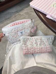 1pc Pink Lace Flower Shaped Large Capacity Stationery Bag, Fashionable Unique Style, Minimalist Cosmetic Bag, Student Pencil Case, Suitable As Back To School Gift, Student Exchange Gift - Multicolor - View 3