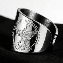 不锈钢大天使米迦勒骑士盾牌保护开口戒指护身符饰品，高品质不锈钢镀18K金，父亲节母亲节礼物，日常佩戴 - 戒指 - 查看 11