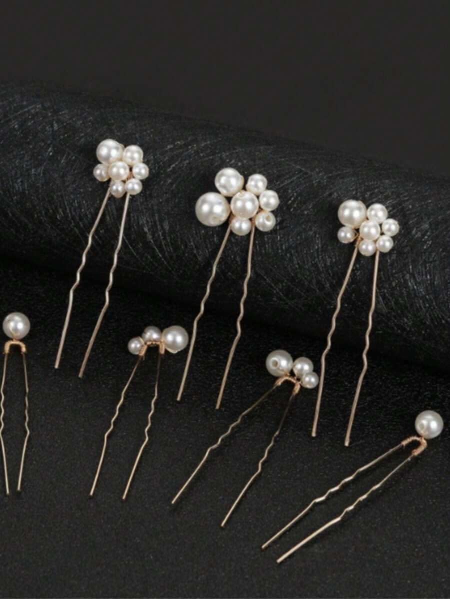 7 Pcs/Set Pearl U-Shaped Hairpins Bridal Wedding Headdress - Gold - View 1