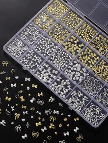 24Grid Nail Art Charms, Featuring Golden Silver Metal Rivets, With Hollow Heart And Bow Designs, Moon, Star, For DIY Nail Decoration And Jewelry Crafting, For A Japanese-Style Manicure. - Multicolor - View 5