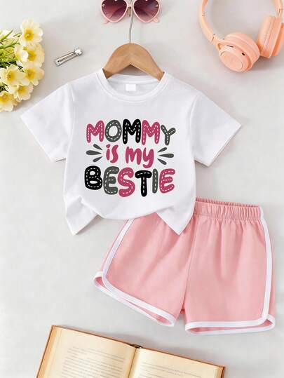 Cute Cartoon Letter Print Round Neck T-Shirt + Shorts Set, Comfortable Daily Wear For Teenage Girls, Summer