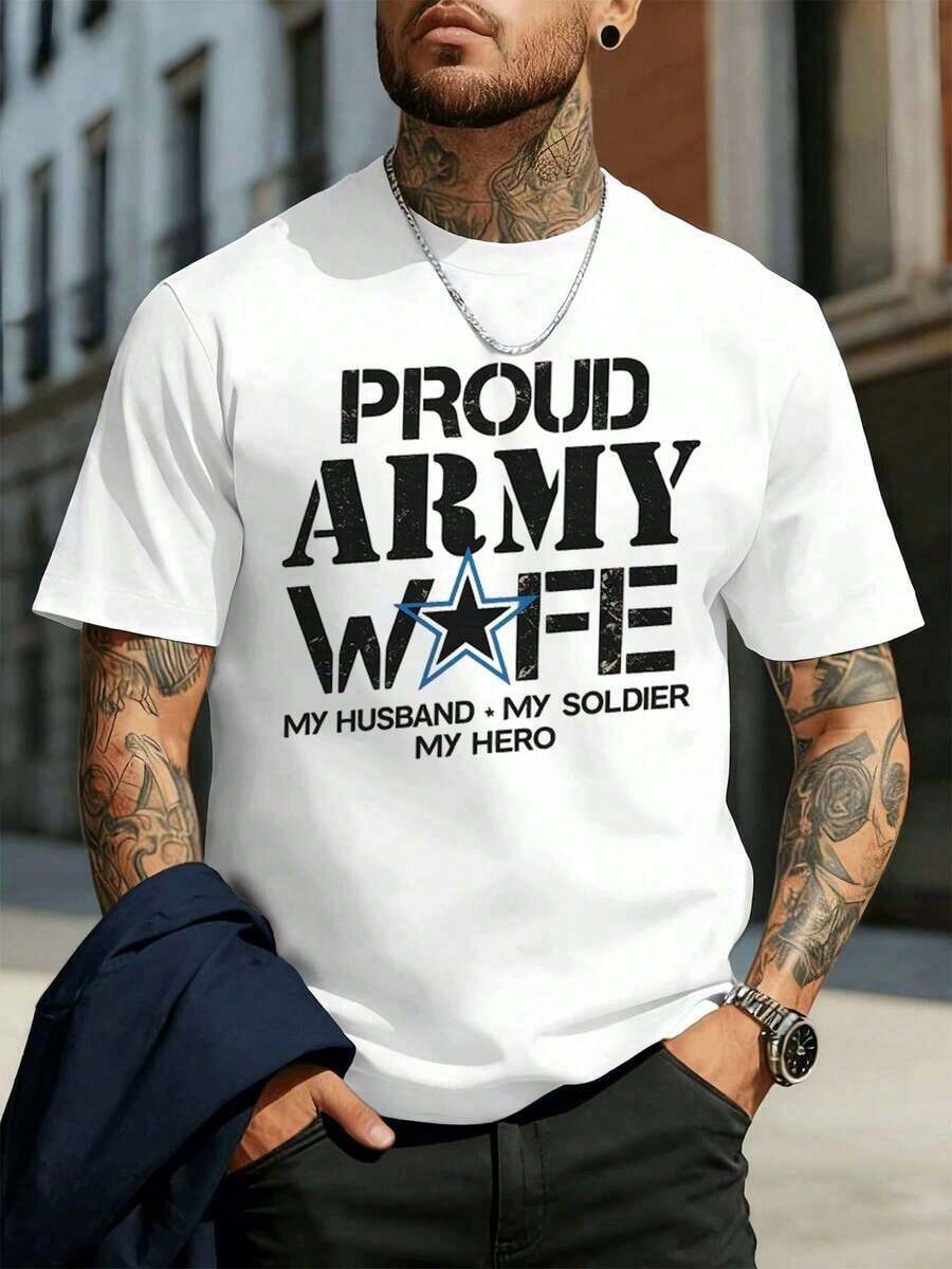 Short-Sleeve T-Shirts Summer TopsSpring T-Shirt "Proud Wife Of The Army, Hero Soldier", Made Of Premium Cotton, Comfortable Fit, Breathable, Casual, Artistic Printcotton T-ShirtKing's Day Clothing - 白色 - 查看 1