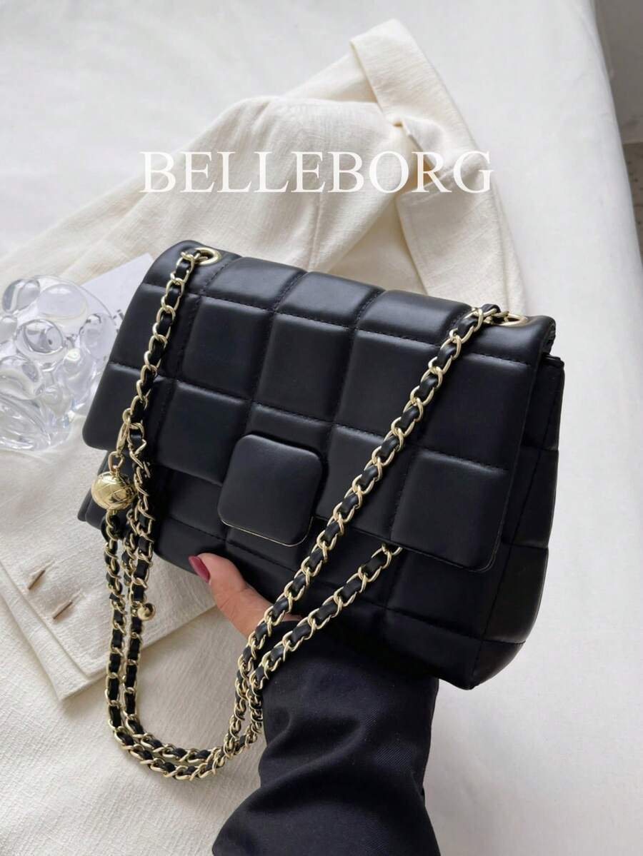 Fashionable Metal Chain Elegant Minimalist Women's Shoulder Square Bag - Black - View 1