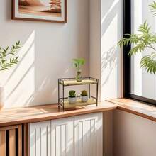 [Étagère métallique industrielle] Étagère à épices à 2 niveaux en métal et bois | Organisateur de rangement pour plan de travail avec cadre en fer poli et étagères en bois naturel, design gain de place pour la cuisine, la salle de bain, le bureau - Étagère de rangement polyvalente et durable - Multicolore - Voir 2
