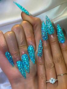 Y2K Luxury Long Pointed Nails, Handmade, Clear Nail Plates, Light Blue Rhinestones, Shiny Full Coverage 3D Design - Full Coverage DIY Shiny Artificial Nails, Elegant, Glamorous, Suitable For Party, Outdoor, Beach, Daily, Holiday, Gathering, Work And Special Occasions - 10pcs/Pack - Multicolor - View 5