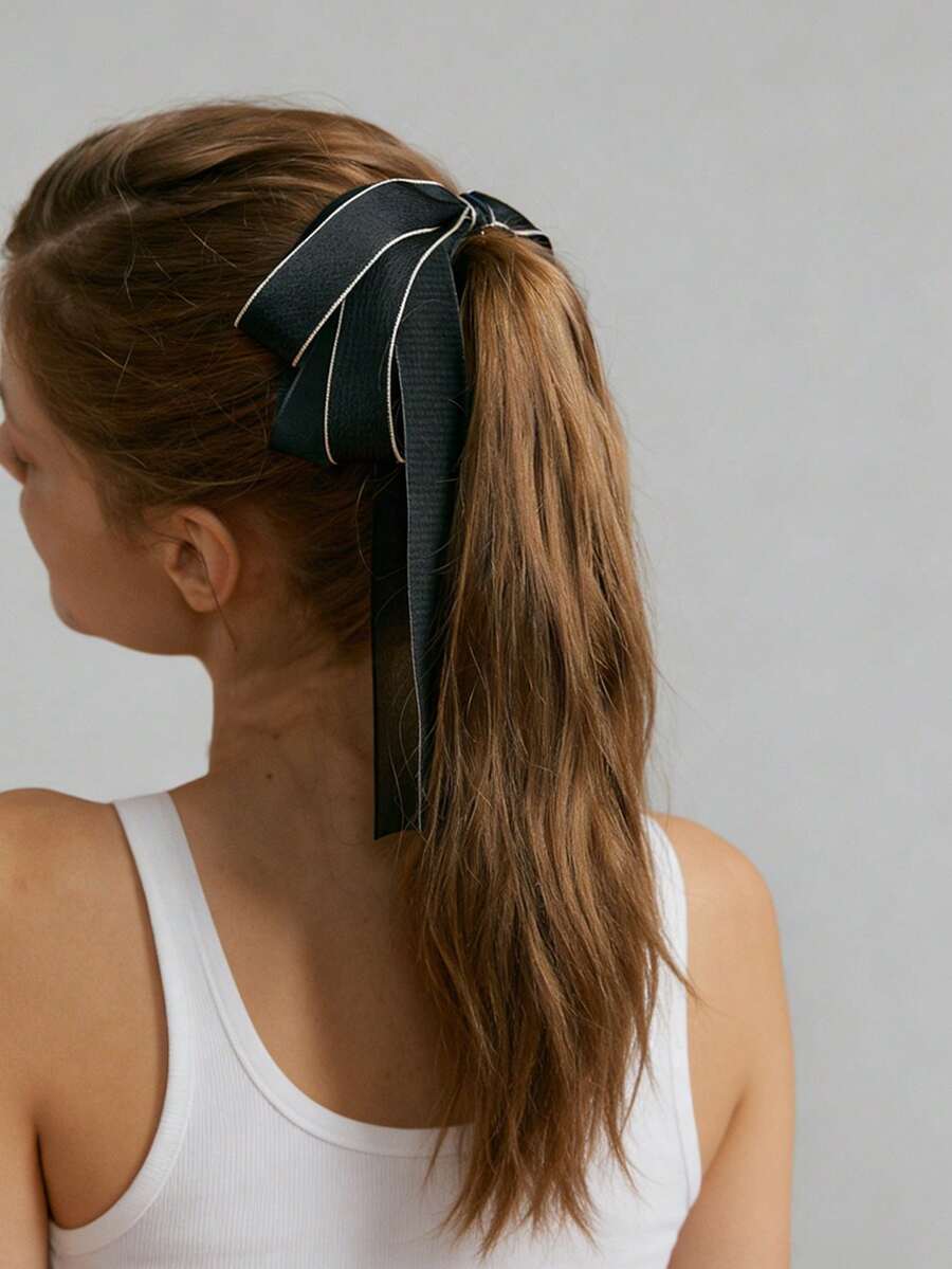 1个黑色缎面网纱蝴蝶结发夹，百搭日常佩戴，适合任何场合 - 彩色 - 查看 1