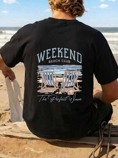 1 Stück Herren bequemes, lässiges schwarzes T-Shirt, Herren Kurzarm T-Shirt, Herren bedrucktes T-Shirt, Rundhalsausschnitt, Urlaubsstil, Strandresort-Stil, maschinenwaschbar, Rückendruck, geeignet für Hotel, Strand, Surfen