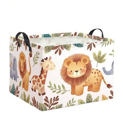 1个可爱卡通丛林动物印花可折叠收纳篮，带提手，大容量收纳盒，适合整理儿童房和婴儿房衣柜
