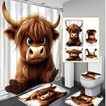 Bộ rèm tắm phòng tắm in hình bò cao nguyên Q-Version màu trắng ngà, 1/3/4 món; Kiểu dáng dễ thương và hoạt hình, chống thấm nước và chống mài mòn; Bao gồm 12 móc treo, và đi kèm với một tấm phủ nắp bồn cầu, thảm tắm và thảm trải sàn; Được làm từ vải nhựa chất lượng cao, có thể giặt và chống nấm mốc, rất phù hợp để trang trí phòng tắm.