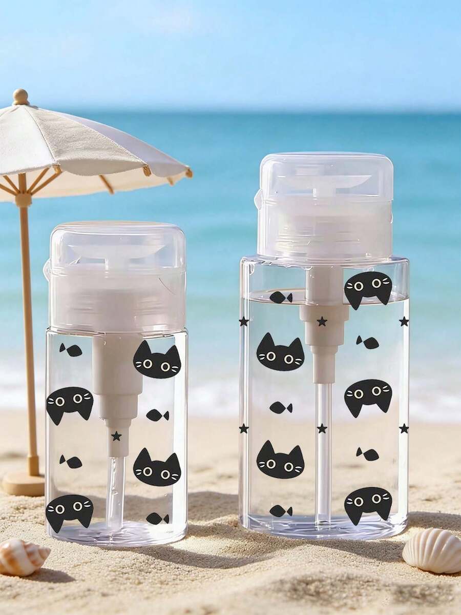 新款夏季黑猫透明PET可重复灌装旅行瓶,卸妆分装瓶,海滩度假必备,配有3.38盎司/6.76盎司便携式按压泵瓶,适用于卸甲油、爽肤水和卸妆液,圆顶设计,可手洗,可重复使用,卸妆瓶(手工测量,正常误差2厘米,毫升数据准确) - 彩色 - 查看 1