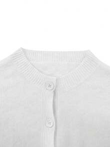 Knit Mix 優雅法式風格寬鬆針織開襟衫，女款，休閒純色外套，適合秋冬白色秋季 - 白色 - 查看 9