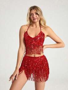 1 Set Sequin Tassel Dress Set Women's Two Pieces Crop Top Camisole Bag Hip-Lifting Mini Skirt Shiny Tassel Set Halloween - Multicolor - View 19