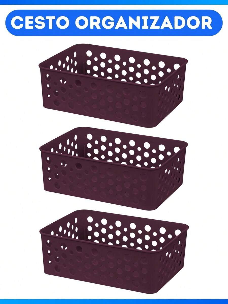 Kit 3 Small Multipurpose Organizer Baskets 19x13x6Cm Colors - 勃根地 - 查看 1