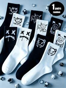1 Pair/5 Pairs Random Assorted Men's Crew Socks, Black & White Contrast Ghost Face Pattern Design, Creative Fashion High-Quality Breathable Moisture-Wicking Socks, Suitable For Sports, Casual, Street Style, Daily Wear - Multicolor - View 8