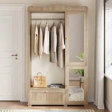 Wardrobe With Mirror And Open Clothes Rack – Compact Wardrobe, Practical Storage Space With Drawer And 2 Doors, Ideal For Bedroom And Hallway. - 駝色 - 查看 9